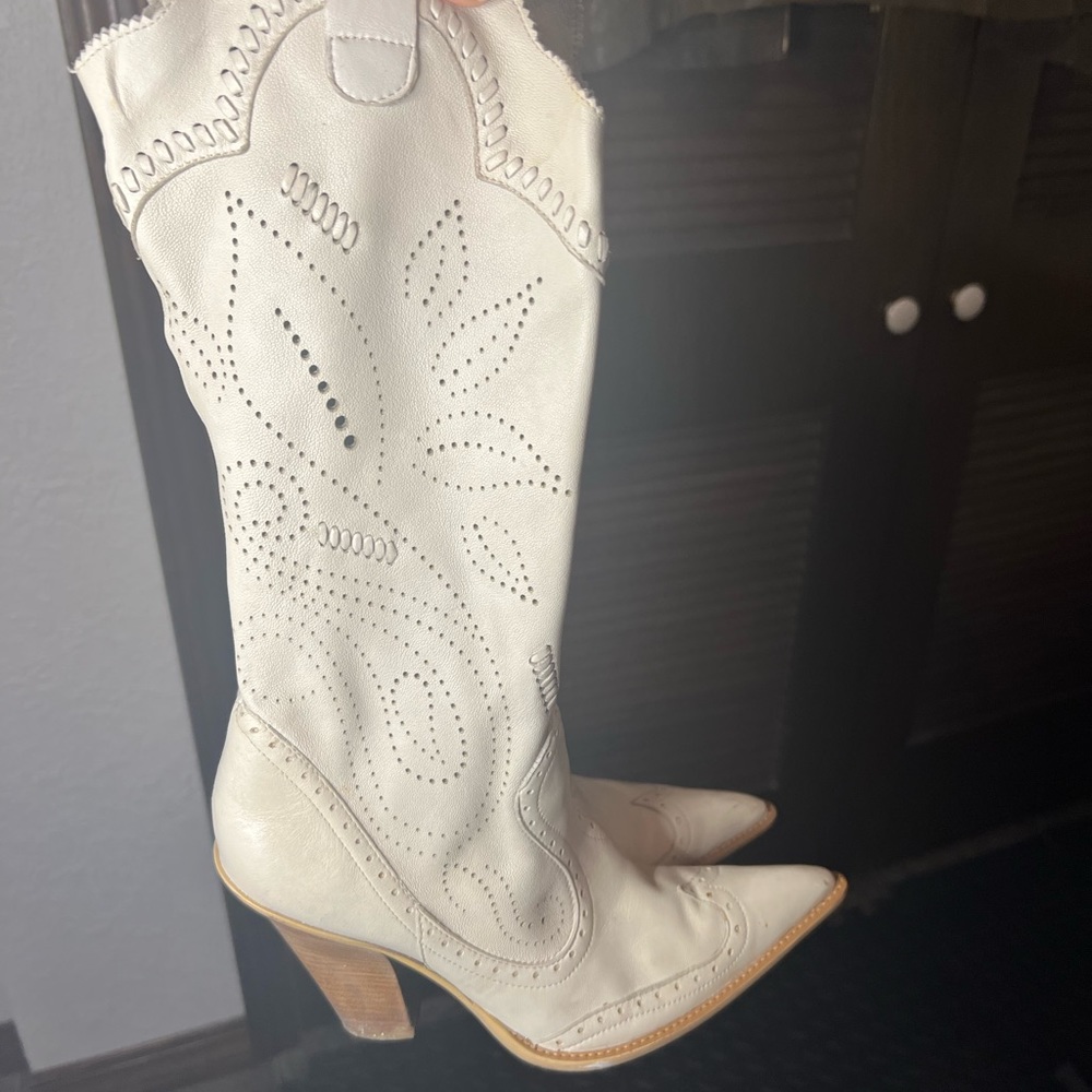 Off white soft faux leather, lace cutout, heeled cowboy boots